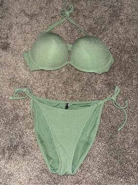 Victoria’s Secret Green Shimmer Bikini. Top XL bottoms L.
